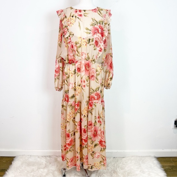 H&M PALE ORANGE PINK YELLOW FLORAL PRINT RUFFLED MAXI DRESS WOMENS SZ MEDIUM - Picture 2 of 5